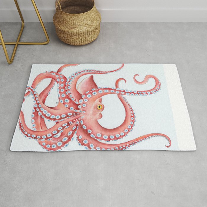 Red Octopus Dance watercolor Ink Art Rug
