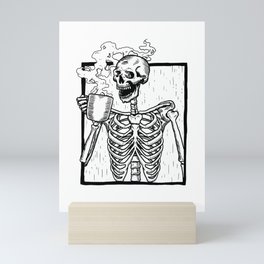 Skeleton Drinking a Cup of Coffee Mini Art Print