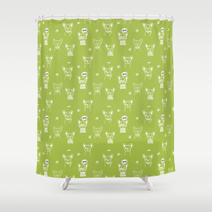 Light Green and White Hand Drawn Dog Puppy Pattern Shower Curtain