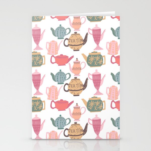 Vintage Tea Pots Time for Tea Multi on White Art Throw Pillow Stationery Cards