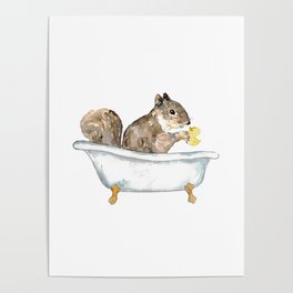 Squirrel taking bath watercolor Poster