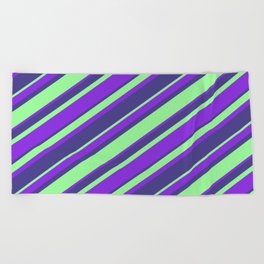 [ Thumbnail: Purple, Dark Slate Blue & Green Colored Striped/Lined Pattern Beach Towel ]