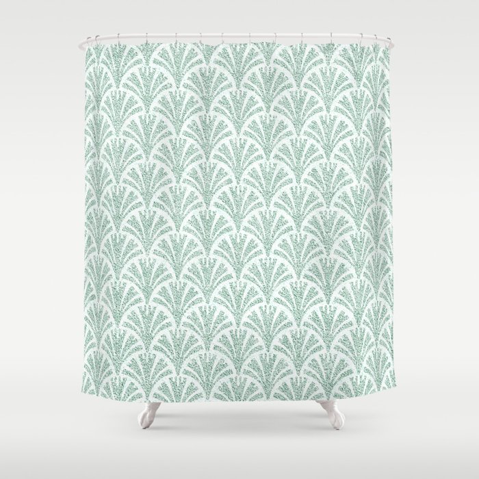 Faux Velvet Fan Pattern In Green on White Shower Curtain