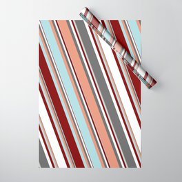 [ Thumbnail: Colorful Dim Grey, Dark Salmon, Powder Blue, Maroon & White Colored Pattern of Stripes Wrapping Paper ]