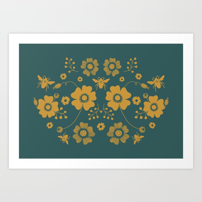 Bees in the Garden - Teal & Gold Art Print