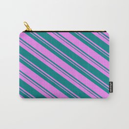 [ Thumbnail: Teal and Violet Colored Striped/Lined Pattern Carry-All Pouch ]