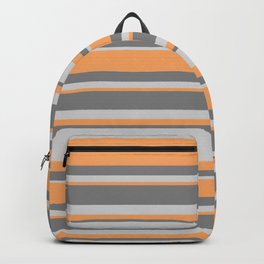 [ Thumbnail: Brown, Gray & Light Grey Colored Lined/Striped Pattern Backpack ]