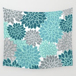 Dahlia Floral Blooms in Teal and Gray Wall Tapestry