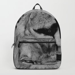 Grouchy Lion being kissed by brunette girl black and white photography Backpack