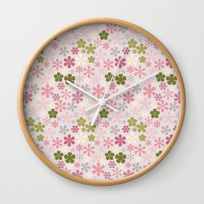 pink and green eclectic daisy print ditsy florets Wall Clock