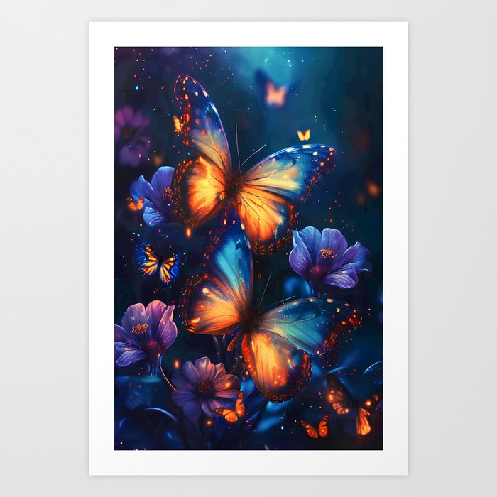 Magical colorful night butterflies Art Print