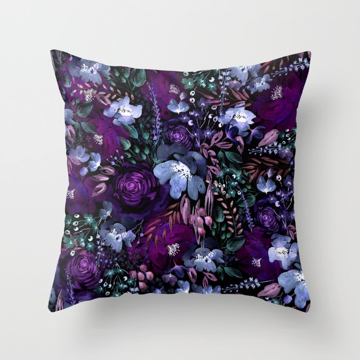 Deep Floral Chaos blue & violet Throw Pillow