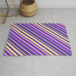 [ Thumbnail: Purple, Dark Slate Blue, and Tan Colored Striped Pattern Rug ]