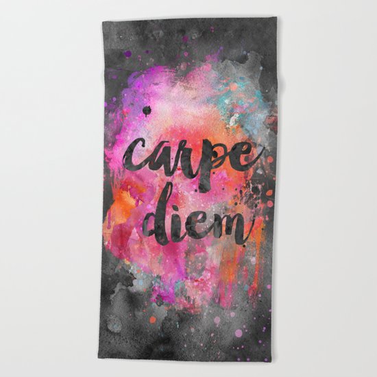 Carpe diem colorful watercolor handlettering Beach Towel