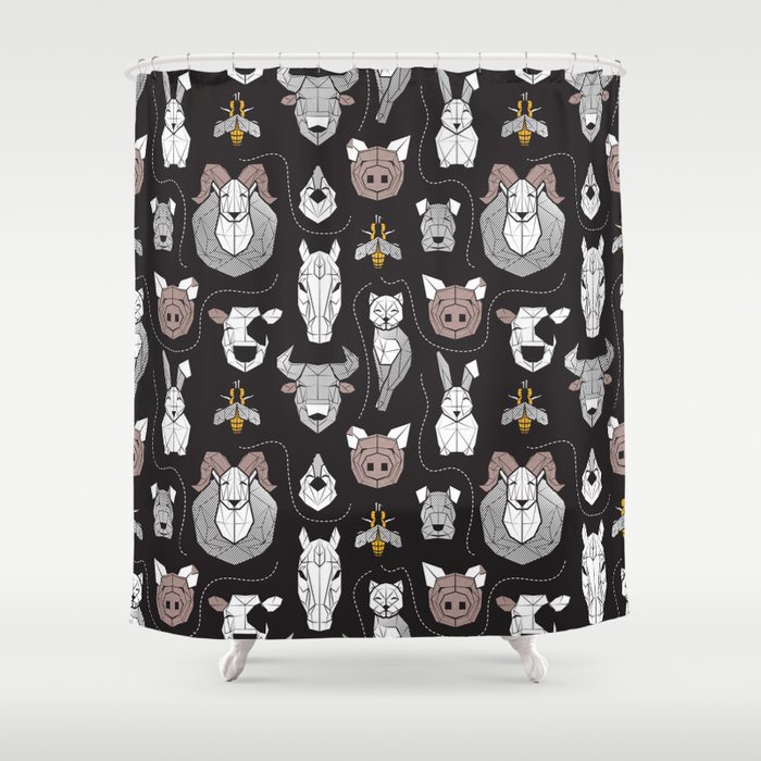 Friendly Geometric Farm Animals // black background black and white brown grey and yellow pigs queen bees lambs cows bulls dogs cats horses chickens and bunnies Shower Curtain
