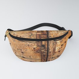 Old Weathered Wooden Door Rusty Latch and Nails Fanny Pack