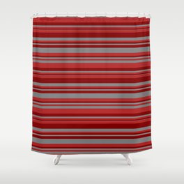 [ Thumbnail: Red, Maroon, and Gray Colored Stripes Pattern Shower Curtain ]