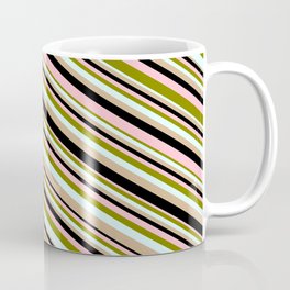 [ Thumbnail: Green, Light Cyan, Tan, Black, and Pink Colored Stripes Pattern Coffee Mug ]
