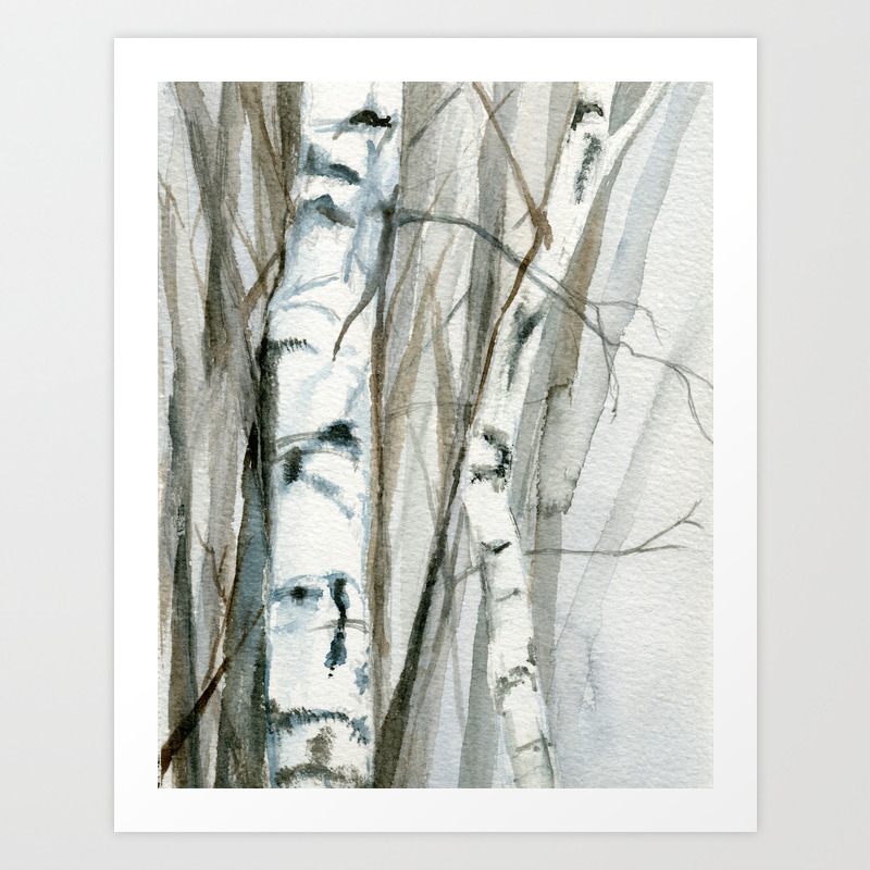 Winter Birch Trees Woodland Watercolor Original Art Print Art