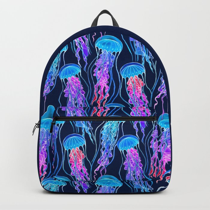 Luminescent Rainbow Jellyfish on Navy Blue Backpack