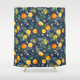 Fruits oranges with tropical leaves and flowers on a blue background. Textile seamless pattern from plant elements.  Shower Curtain