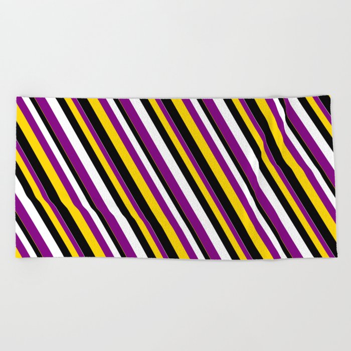 White, Purple, Yellow, and Black Colored Striped Pattern Beach Towel