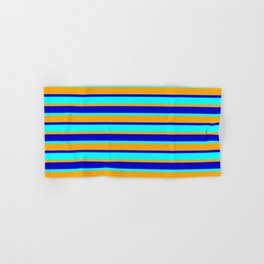 [ Thumbnail: Blue, Aqua & Orange Striped Pattern Hand & Bath Towel ]