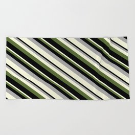 [ Thumbnail: Dark Grey, Beige, Dark Olive Green, and Black Colored Striped/Lined Pattern Beach Towel ]