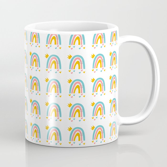 Blue Orange Pink Rainbow Polka Dots Hearts Crown Doodles Shape Simple Minimal Graphic Design Coffee Mug
