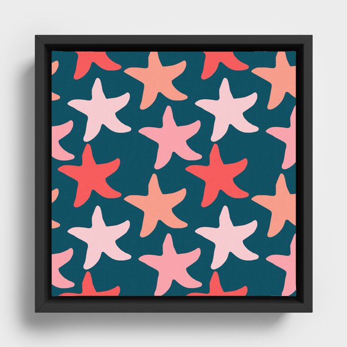 Patriotic Starfish Pattern on Navy Blue Framed Canvas