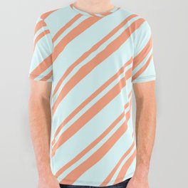 [ Thumbnail: Light Salmon & Light Cyan Colored Striped Pattern All Over Graphic Tee ]