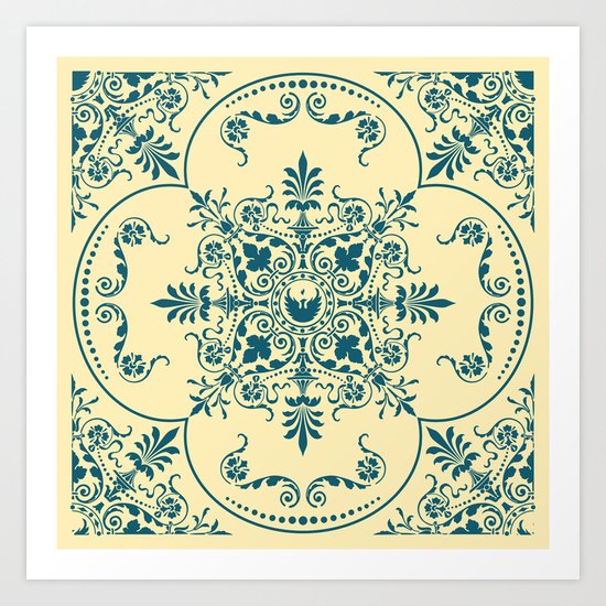 Decorative Pattern in Creme and Blue Art Print
