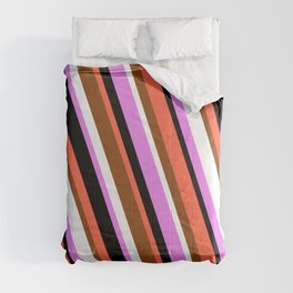 [ Thumbnail: Red, Brown, White, Violet & Black Colored Lined Pattern Comforter ]