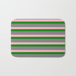 [ Thumbnail: Gray, Light Pink & Green Colored Lines/Stripes Pattern Bath Mat ]