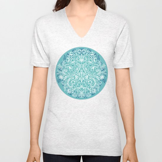 Spring Arrangement - teal & white floral doodle Unisex V-Neck
