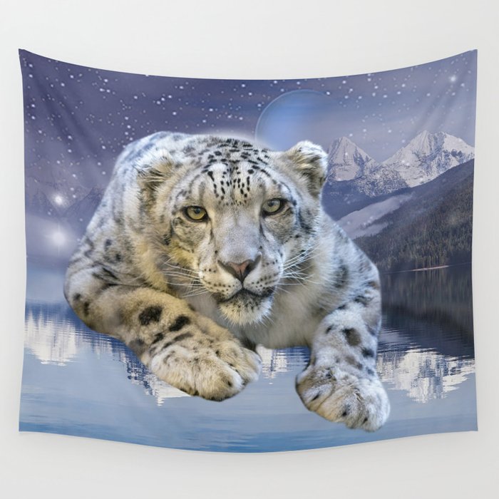Snow Leopard And Moon Wall Tapestry