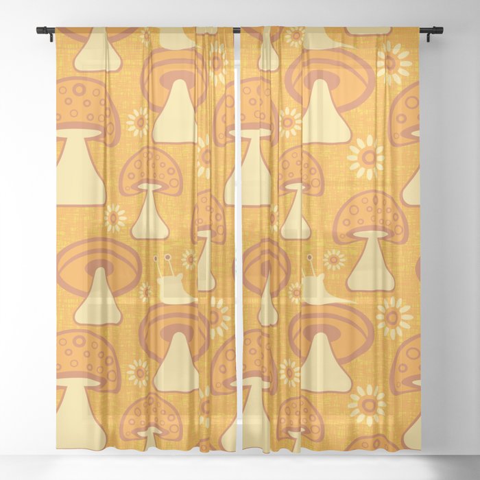 Retro Snail Mushroom Daisy Seamless Pattern Vector - Orange and Yellow Sheer Curtain