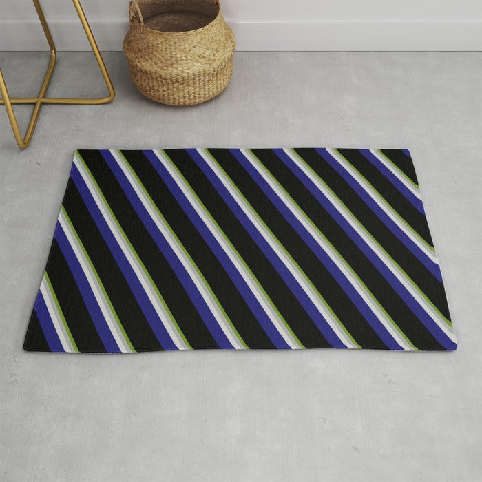 Vibrant Green, Dark Gray, Light Grey, Midnight Blue, and Black Colored Pattern of Stripes Rug