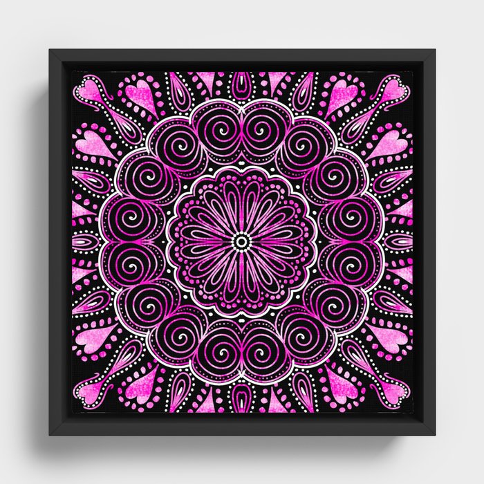 Twirly Purple Mandala with Pink Hearts Framed Canvas