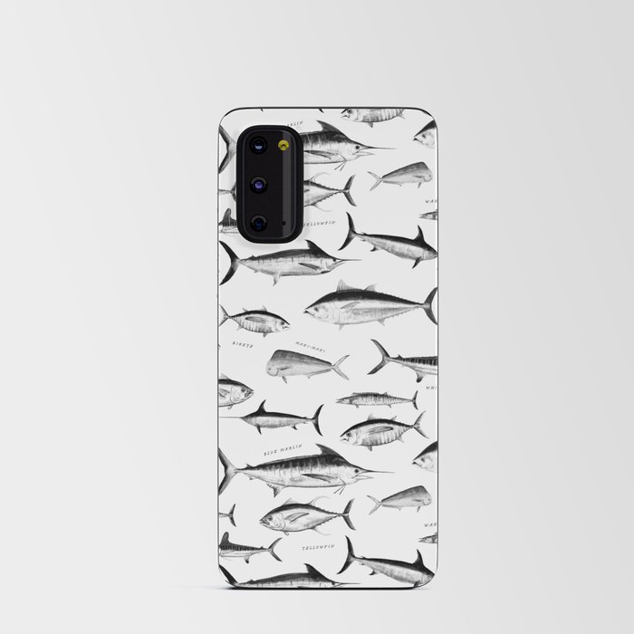 Tuna, Marlin, Wahoo, Swordfish, Mahi-Mahi Hand Illustrated Sport Fish Pattern; Grayscale, Labels Android Card Case