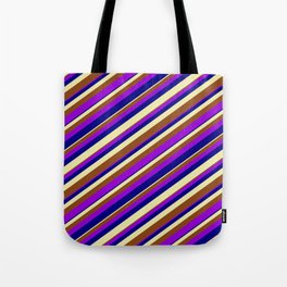 [ Thumbnail: Pale Goldenrod, Brown, Dark Violet & Blue Colored Lined Pattern Tote Bag ]