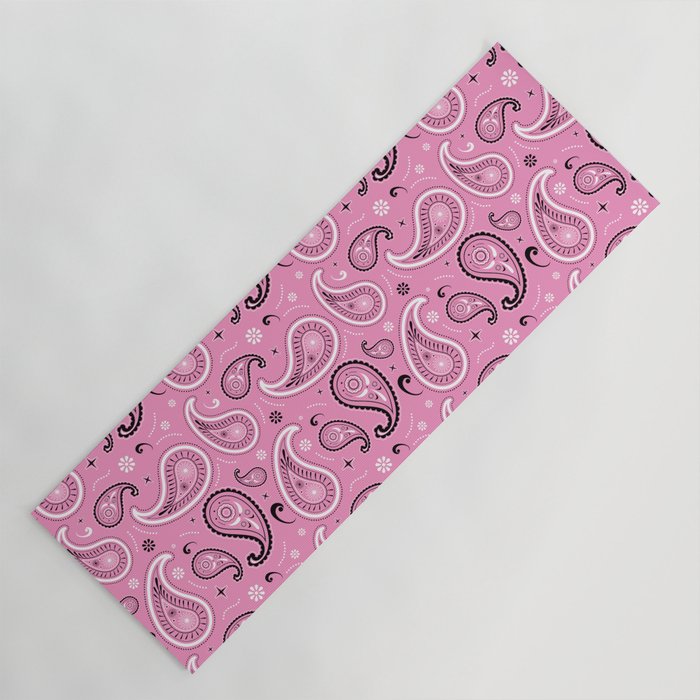 Black and White Paisley Pattern on Pink Background Yoga Mat