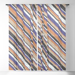 [ Thumbnail: Eyecatching Tan, Black, Mint Cream, Midnight Blue & Chocolate Colored Striped Pattern Sheer Curtain ]