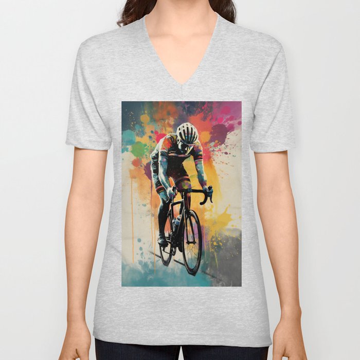 Lone Road Cyclist Abstract Watercolor V Neck T Shirt