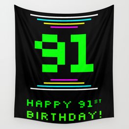 [ Thumbnail: 91st Birthday - Nerdy Geeky Pixelated 8-Bit Computing Graphics Inspired Look Wall Tapestry ]