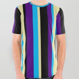 [ Thumbnail: Deep Sky Blue, Indigo, Black, and Pale Goldenrod Colored Pattern of Stripes All Over Graphic Tee ]