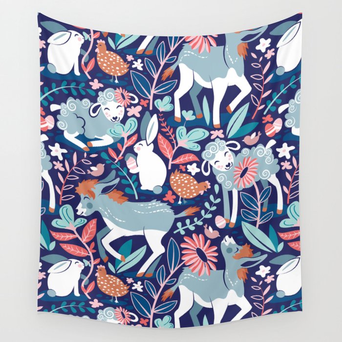 Spring Joy // navy blue background pale blue lambs and donkeys coral and teal garden Wall Tapestry