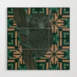 Cute Bush baby sitting on tree stump with green and tan pattern background Wood Wall Art