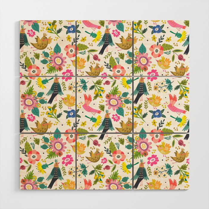 Floral Birds Flowers Pattern Bright Garden Wood Wall Art