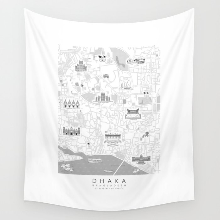 Dhaka Bangladesh Map with Landmarks Wall Tapestry by Sony Sultana 
